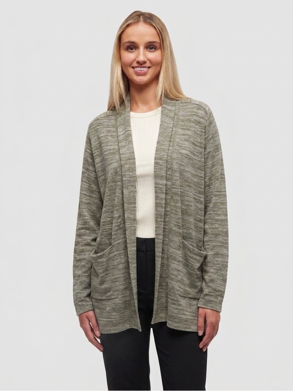 Roots Open-Front Cardigan Sweater in Heathered Olive Gray
